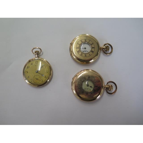 239 - An Elgin half hunter gold plated pocket watch, another similar half hunter and an open face plated w... 