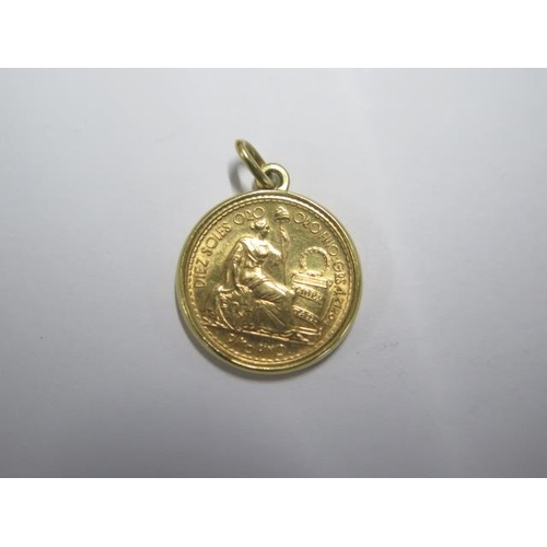 244 - A 9/10 fine gold 1965 Republica Peruana coin in a yellow metal pendant mount - 19mm wide, approx 6.1... 