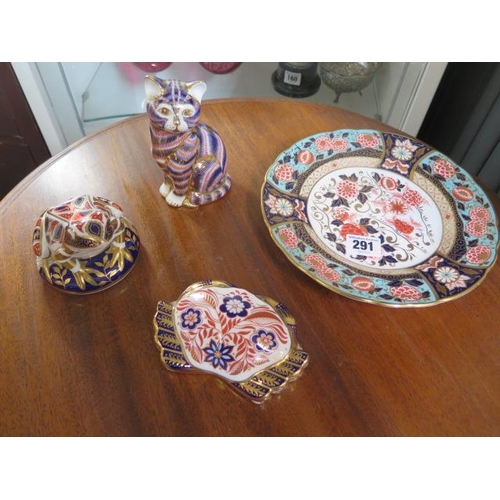 291 - Three Crown Derby paper weights and a plate - in good condition