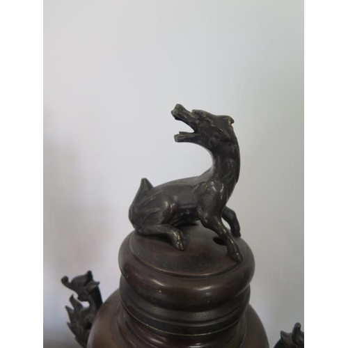 295 - A pair of Oriental bronze lidded censors on stands - Height 41cm - both with good patina