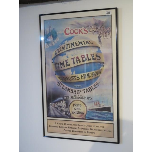 405 - A framed Cook's Continental Time Tables Tourist Handbook and Steamship Tables poster - frame size 72... 