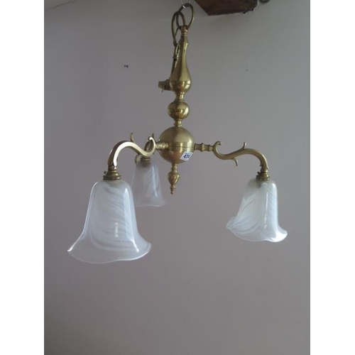 474 - A brass three branch ceiling light with bell shaped glass shades - Width 53cm