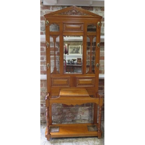 530 - A Victorian light oak mirror back hall stand with a glove compartment - Height 208cm x 90cm x 34cm