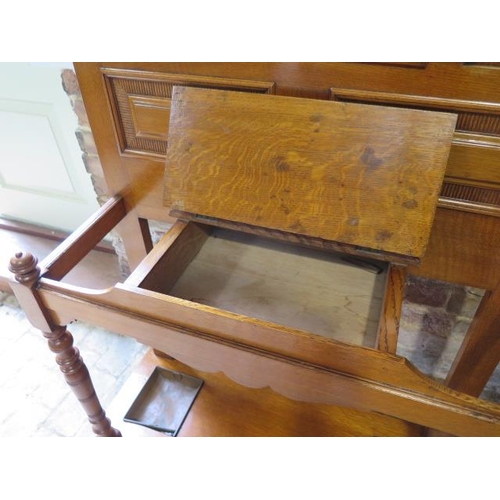 530 - A Victorian light oak mirror back hall stand with a glove compartment - Height 208cm x 90cm x 34cm