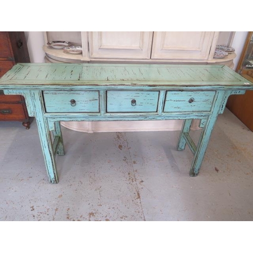 587 - A modern Oriental style hall table with three drawers - Width 163cm x Depth 40cm x Height 86cm