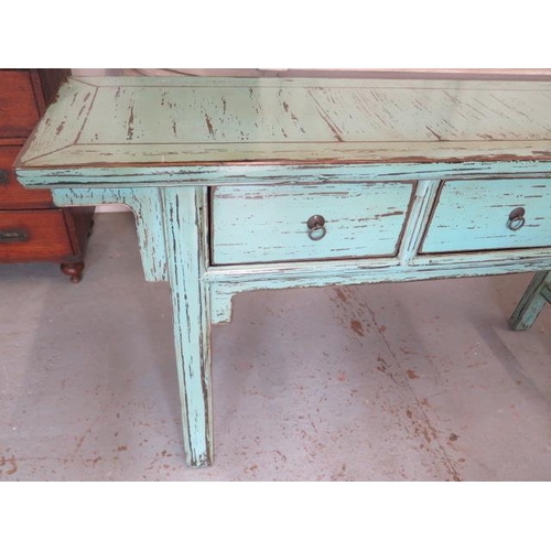 587 - A modern Oriental style hall table with three drawers - Width 163cm x Depth 40cm x Height 86cm