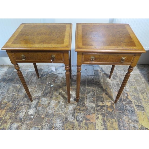 591 - A pair of new walnut single drawer lamp tables on turned reeded legs made by a local craftsman to a ... 