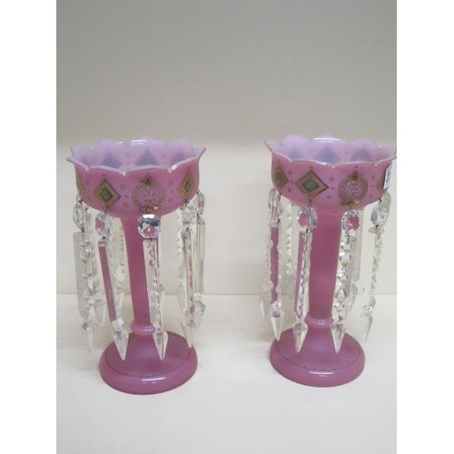 272 - A pair of pink glass lustres - Height 26cm - both good, minor chips to lustres