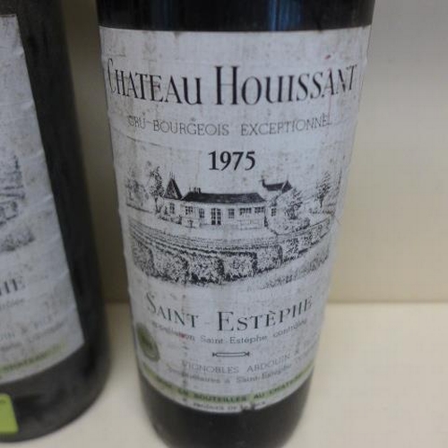 2 - Two bottles of Chateau Houissant red wine 1975 - Levels good on one slightly lower on the other