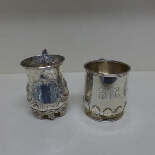 83 - Two silver tankards, tallest 9cm - both engraved - total weight approx 8 troy oz - minor dents/wear ... 