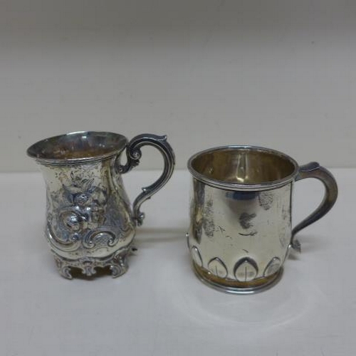 83 - Two silver tankards, tallest 9cm - both engraved - total weight approx 8 troy oz - minor dents/wear ... 