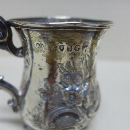 83 - Two silver tankards, tallest 9cm - both engraved - total weight approx 8 troy oz - minor dents/wear ... 