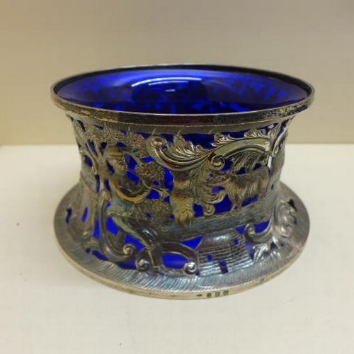 96 - An Irish silver Shepard and Shepardess fretwork silver sleeve with blue glass liner - Dublin 1932, T... 