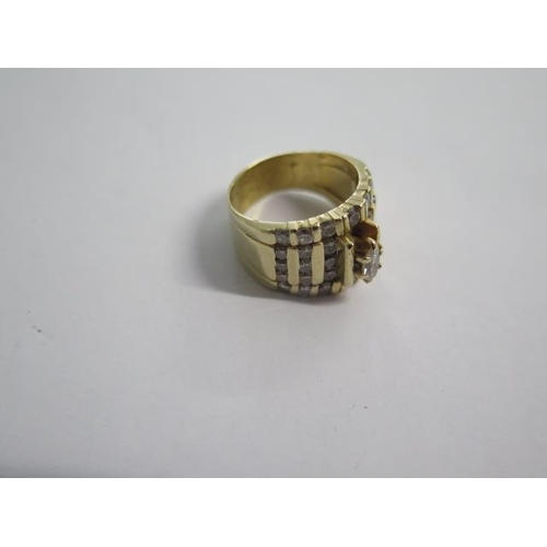 103 - A yellow gold diamond ring size K - 12mm tall - approx weight 8.2 grams - surface tests to approx 18... 