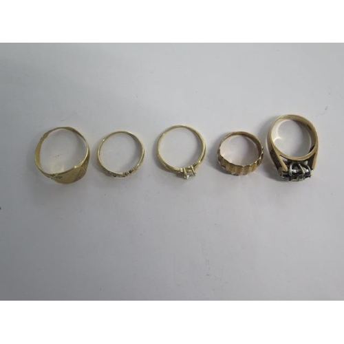 107 - Five 9ct yellow gold rings ranging from sizes I to U - total weight approx 14 grams