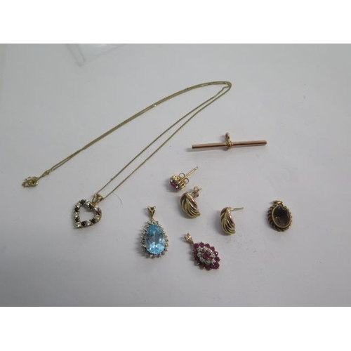 108 - A 9ct pendant on chain, two other 9ct pendants, a gilt pendant and three earrings and a 9ct bar - to... 