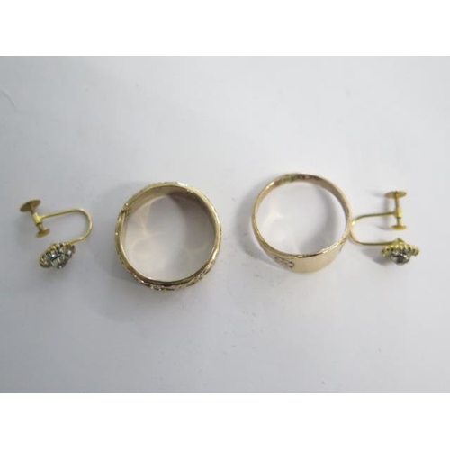 110 - A Mizpah gilt ring size R, a gilt signet ring and a pair of 9ct screw back earrings - total weight a... 