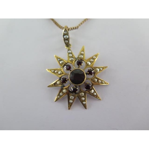 137 - A gilt metal garnet and pearl star pendant on a gilt chain (one pearl missing otherwise good) and tw... 