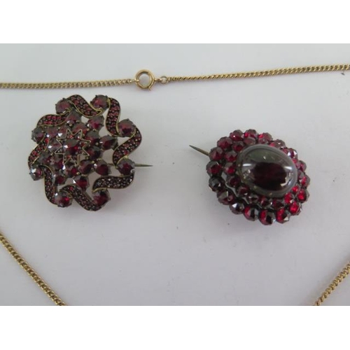 137 - A gilt metal garnet and pearl star pendant on a gilt chain (one pearl missing otherwise good) and tw... 