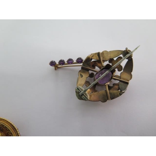 140 - Three gilt metal brooches - largest 8mm - total approx weight 19 grams - wear to amethyst reposse br... 