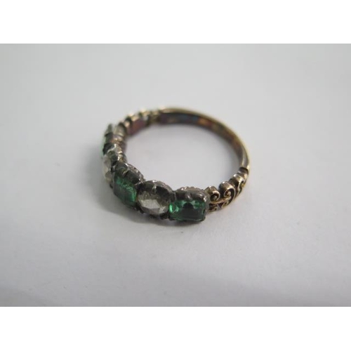 142A - An old cut five stone emerald and diamond yellow metal ring possibly 19th century - centre stone app... 