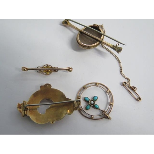 146 - A 9ct gold cameo brooch, a 9ct pendant and two gilt metal brooches - total weight approx 12 grams