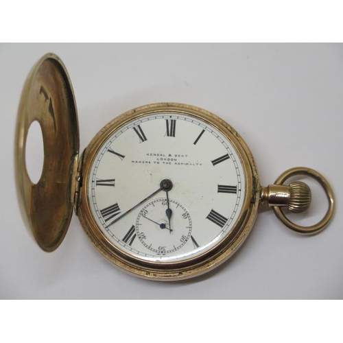 218 - A 9ct yellow gold top wind half hunter pocket watch by Kendal and Dent - 48mm case - not running, ne... 