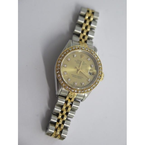 232 - A ladies 1991 Rolex Oyster Perpetual Datejust bi metal bracelet wristwatch with diamond set bezel an... 