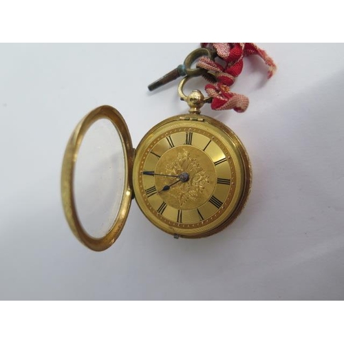 232A - An 18ct yellow gold key wind open face pocket watch - 40mm case - good condition, running with key -... 