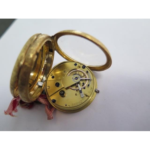 232A - An 18ct yellow gold key wind open face pocket watch - 40mm case - good condition, running with key -... 