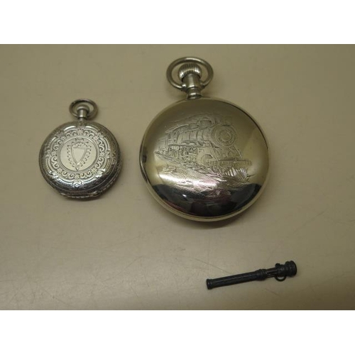 233 - An Elgin Railway Watch 58mm case - ticks but stops and a silver pocket watch - 36mm case - not runni... 