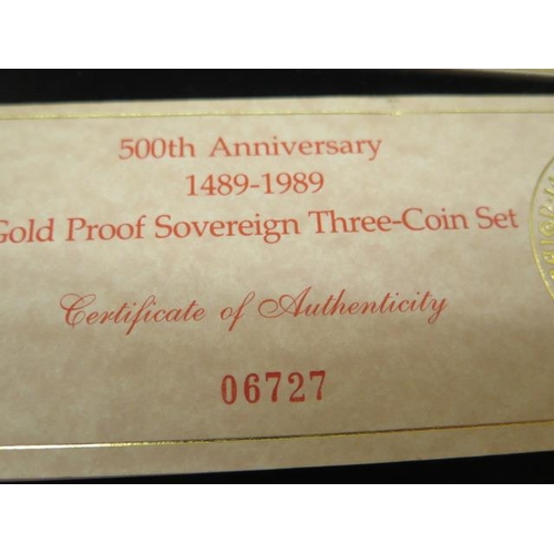 247 - A 500th Anniversary 1489-1989 gold proof Sovereign three coin set - half Sovereign, full Sovereign a... 