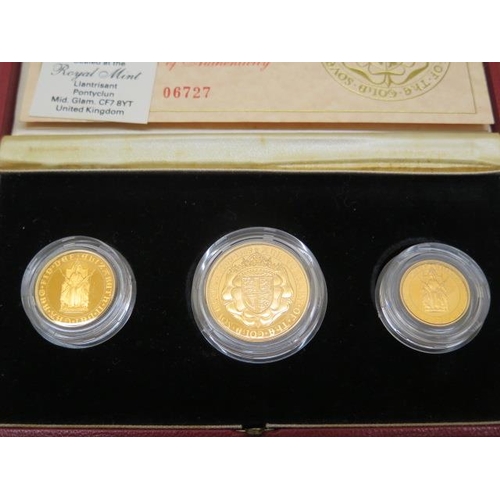 247 - A 500th Anniversary 1489-1989 gold proof Sovereign three coin set - half Sovereign, full Sovereign a... 