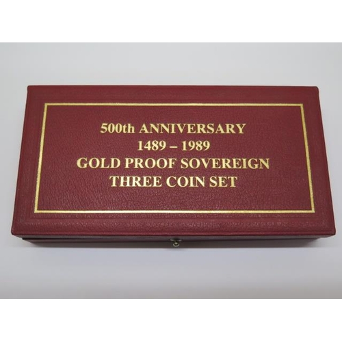 247 - A 500th Anniversary 1489-1989 gold proof Sovereign three coin set - half Sovereign, full Sovereign a... 