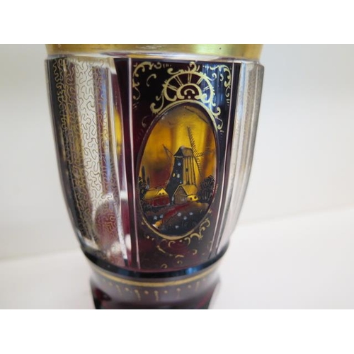 306 - A pair of ruby flask 19th century goblets with landscape cartouches - Height 18cm - good condition