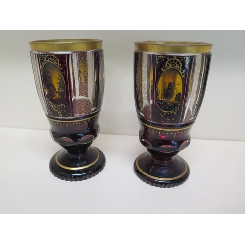 306 - A pair of ruby flask 19th century goblets with landscape cartouches - Height 18cm - good condition