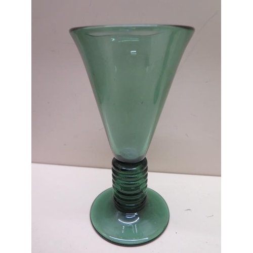 313 - Seven green glass goblets with seven ring base - Height 16cm - all good condition