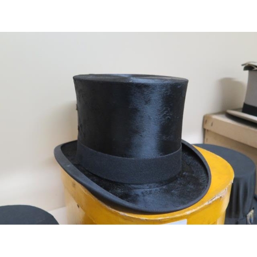 347 - A brushed silk top hat approx size 7 - in good condition - a smaller folding opera hat, a grey top h... 