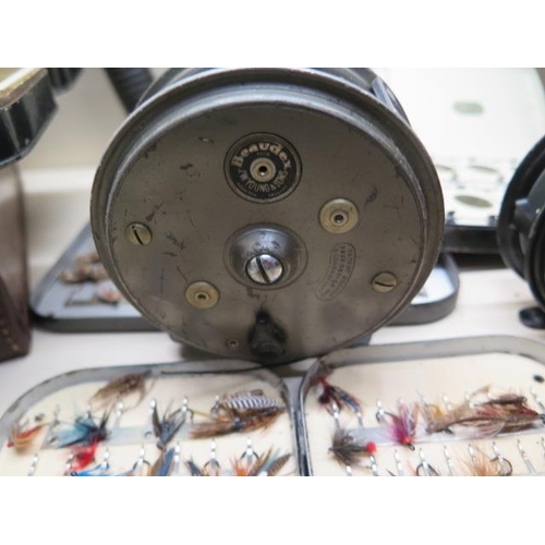 353 - A good collection of vintage fly fishing flies, reels and a telescopic gaff including a Hardy Bros T... 