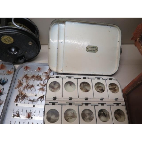 353 - A good collection of vintage fly fishing flies, reels and a telescopic gaff including a Hardy Bros T... 