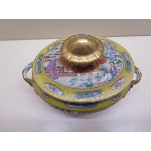 356 - A Chinese Famille Rose twin handle lidded tureen with yellow rim - Width 19cm x Height 15cm - some w... 