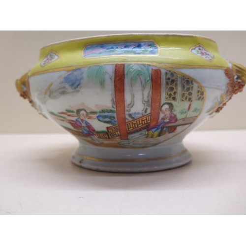 356 - A Chinese Famille Rose twin handle lidded tureen with yellow rim - Width 19cm x Height 15cm - some w... 