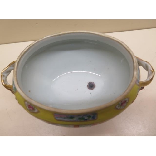 356 - A Chinese Famille Rose twin handle lidded tureen with yellow rim - Width 19cm x Height 15cm - some w... 