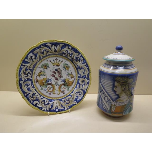 371 - A Firenze plate and a Faience ware drug jar - Height 25cm - both good