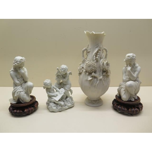 373 - Three Parian ware figures, two on associated bases and a vase - Height 24cm - damage to vase and min... 