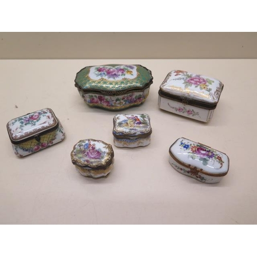 375 - A collection of six continental porcelain hand decorated trinket pill boxes - largest 11cm wide - al... 