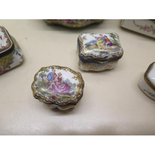 375 - A collection of six continental porcelain hand decorated trinket pill boxes - largest 11cm wide - al... 