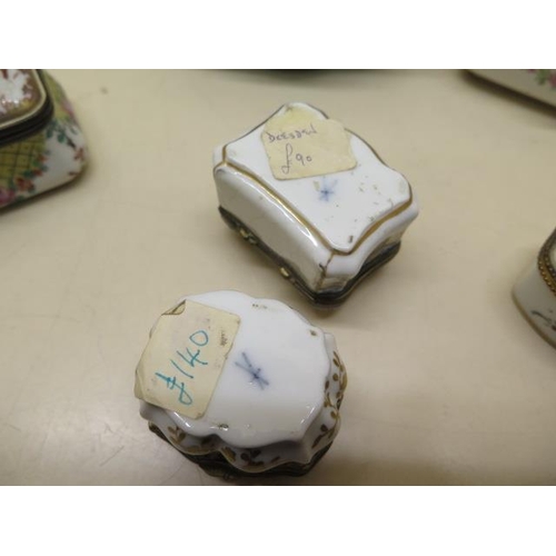 375 - A collection of six continental porcelain hand decorated trinket pill boxes - largest 11cm wide - al... 