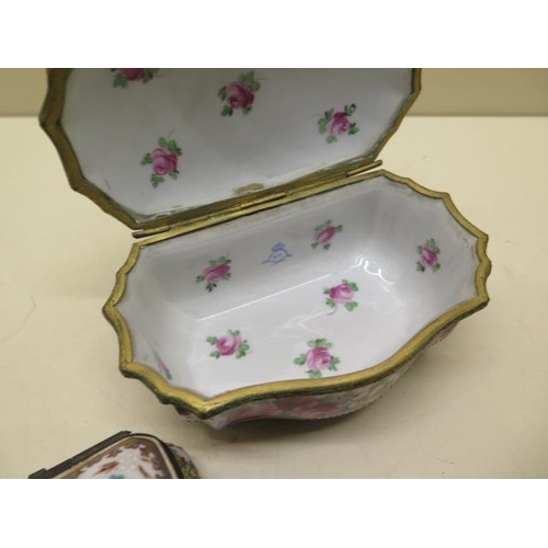 375 - A collection of six continental porcelain hand decorated trinket pill boxes - largest 11cm wide - al... 