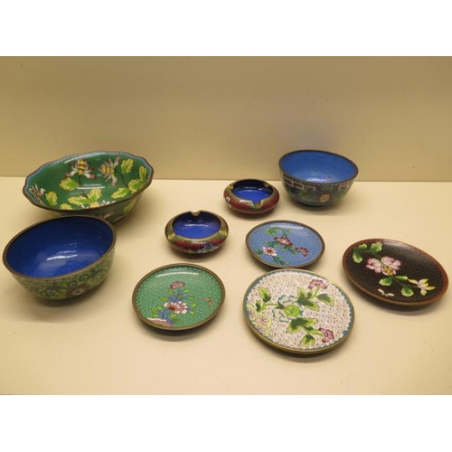 376 - Nine pieces of Cloisonne ware - Largest 17cm diameter - all good, except one bowl which is chipped t... 